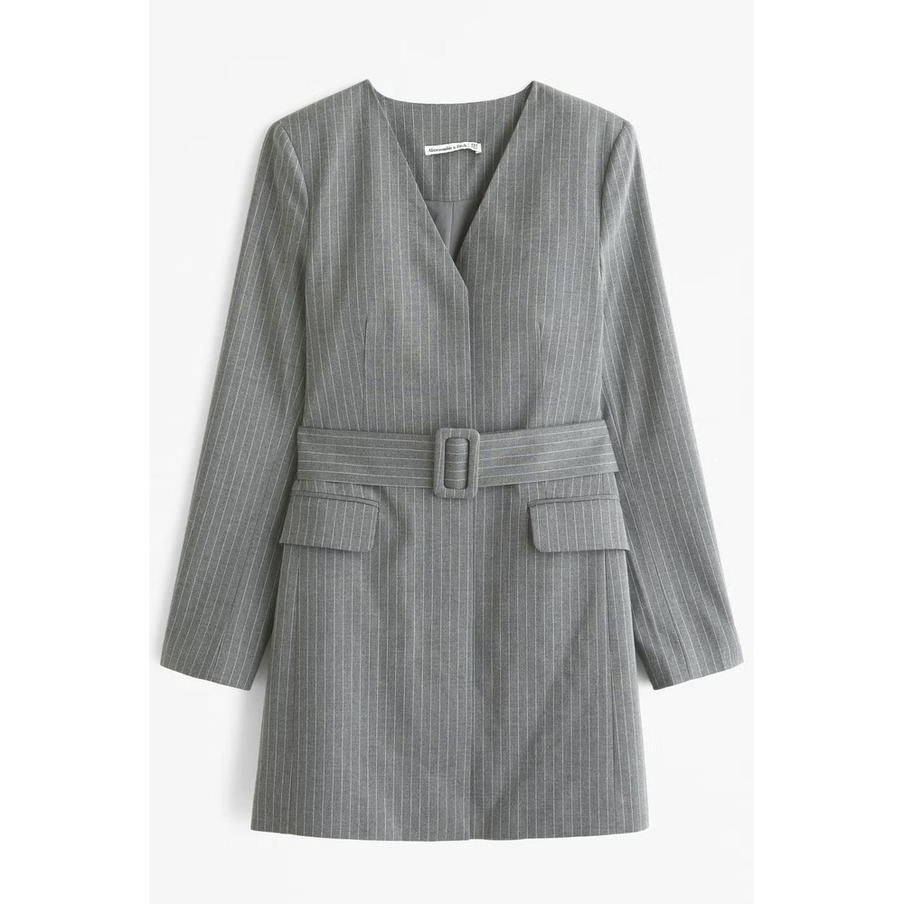 Abercrombie & Fitch Gray Pinstripe Long Sleeve Belted Dress